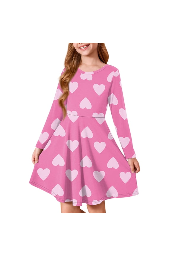 Valentines Dress for Kids Girls Cute A-Line Long Sleeve T Shirt Dresses for Girls Funny Love Heart Dress Outfits Crewneck Spring Twirly Dress Clothes for Girls,