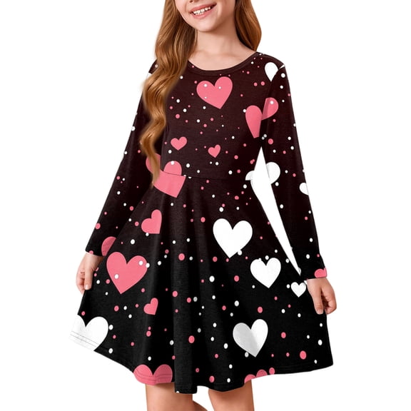 Abcomgle Valentines Dresses for Girls 10-12 Cute A-Line Long Sleeve Midi Dress for Girls Cute Love Heart Dresses for Girls Crewneck Casual Swing Dresses,