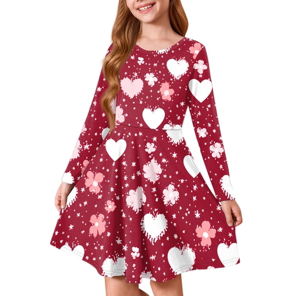 Abcomgle Valentines Dresses for Girls 10-12 Cute A-Line Long Sleeve Midi Dress for Girls Funny Love Heart Floral Dress Clothes for Girls Crewneck Holiday Swing Dress Outfits,