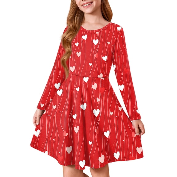 Abcomgle Valentines Dresses for Girls 10-12 Cute A-Line Long Sleeve T Shirt Dresses for Girls Cute Love Heart Dress Outfits Crewneck Holiday Swing Dresses for Girls,