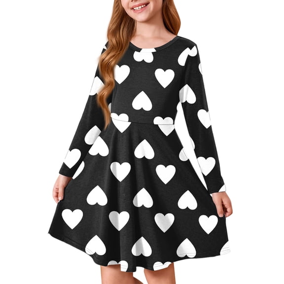 Abcomgle Valentines Dresses for Girls 10-12 Cute A-Line Long Sleeve T Shirt Dresses for Girls Cute Love Heart Dresses for Girls Crewneck Spring Swing Dress Outfits,