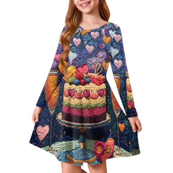 Abcomgle Valentines Dresses for Girls 10-12 Funny Cake Love Heart Midi Dress for Girls Cute A-Line Long Sleeve Dresses for Girls Crewneck Holiday Swing Dresses,