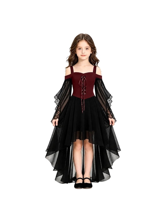Witch Dress for Girls 10-12 Gothic Renaissance Butterfly Sleeve Vampire Dress for Girls Mesh Off Shoulder Fall Girls Halloween Dress