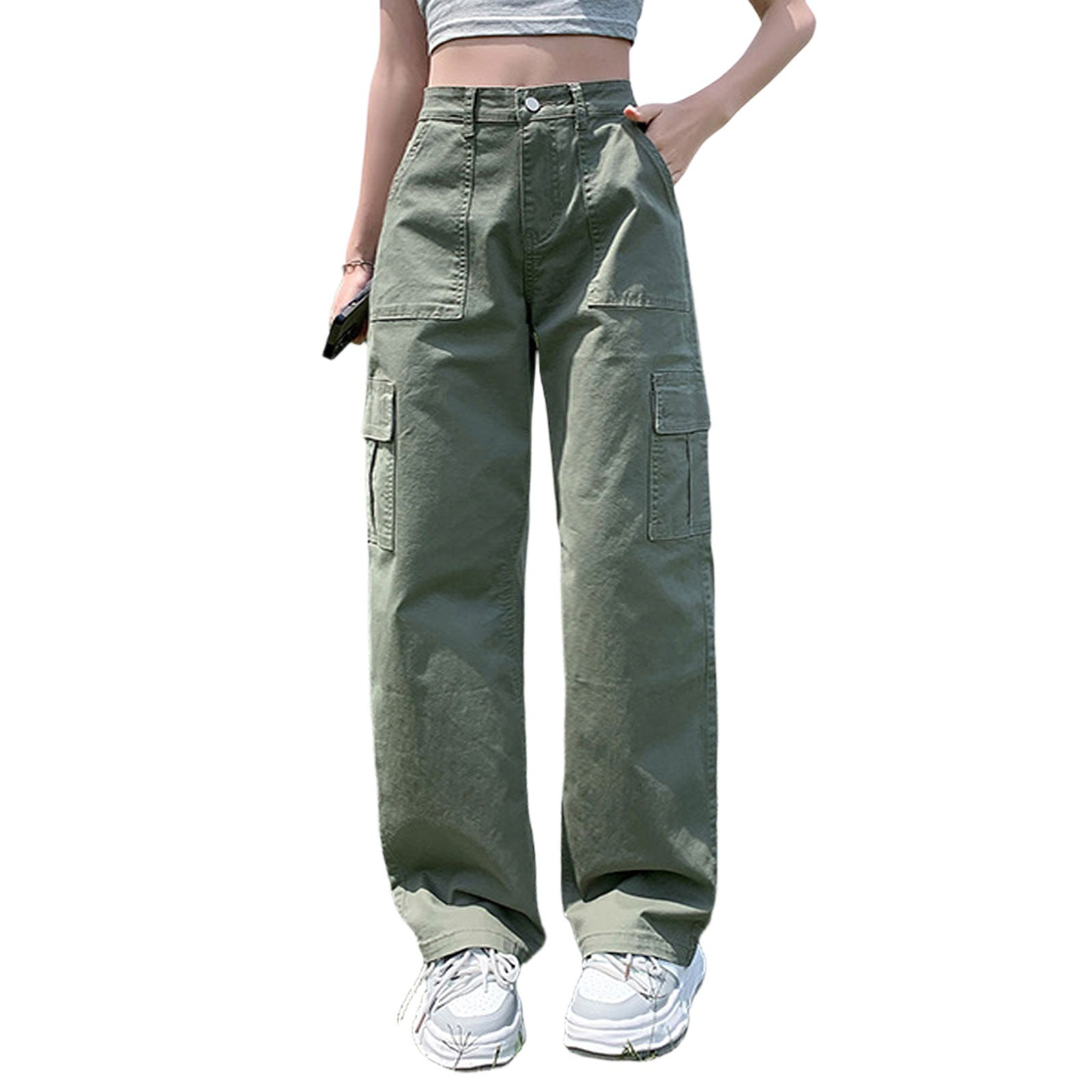 ABATAB Cargo Pants For Women High Waisted Belted Casual Hiking Pants Baggy Stretchy Wide Leg Jean Look Streetwear Trousers With Pockets