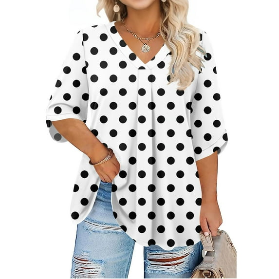 Abcomgle Women Plus Size Tops 4x-5x Sexy V Neck Tshirts Polka Dot Graphic Tees 3/4 Sleeve Tops Large Casual Clothes for Women 3XL,White