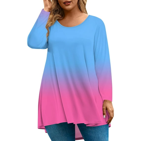 Abcomgle Women Plus Size Tops 4x-5x Trendy Crew Neck Tunic Shirts Gradient Graphic Tees Long Sleeve Tee Shirt Tops Large Casual Tunic Tops,4XL