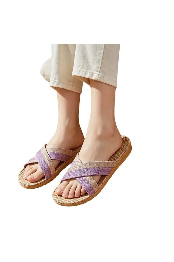Women Summer Slippers Bohemian Print Linen Cross Non-Slip Home Slippers Lightweight Open Toe Comfortable Flat Summer Indoor Slippers