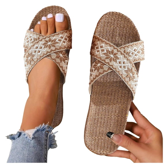 Abcomgle Women Summer Slippers Bohemian Print Linen Non-Slip Home Slippers Lightweight Open Toe Breathable Indoor Sandals & Slides