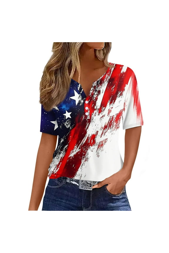 Women's Blouses & Button-Down Shirts 4th Of July Patriotic Shirts Short Sleeve Henley V Neck Tees American Flag Graphic Independent Day Tshirt,White XL