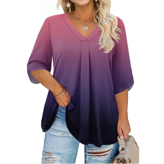 Abcomgle Women's Plus Size Tops Cute Gradient Womens Tops V Neck Plus Size Top 2x 3/4 Sleeves Pleat Hem Casual T Shirts Women Loose Fit Clothes L,Purple Pink