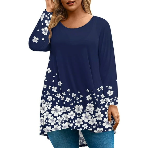 Abcomgle Plus Size Tops for Women Curved Hem Casual Sexy T Shirts Crew Neck Long Sleeve Vintage Floral Print Graphic T-Shirt Summer Tunic Tops,XL