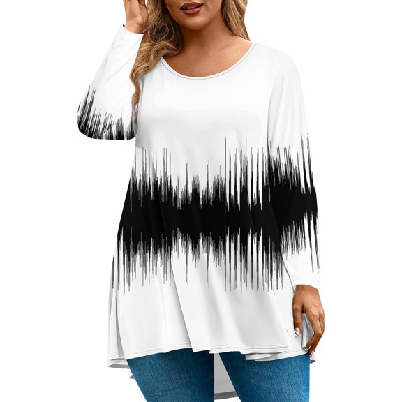 Abcomgle Women's Plus Size Tops Sexy Summer Long Sleeve Tunics Shirts Striped Colorblock Print T-Shirt Crew Neck Shirts Large Casual Womens Clothing,4XL