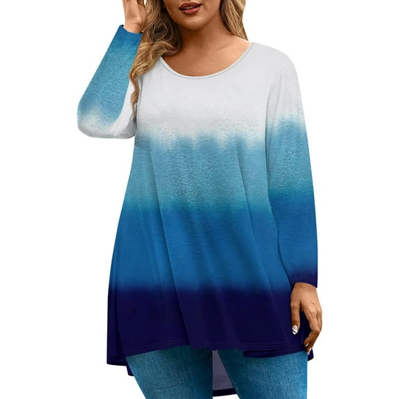 Abcomgle Women's Plus Size Tops Summer Ladies Plus Size Tops Crew Neck Womens Plus Tops Long Sleeve Gradient Print Dressy Casual Blouses Curved Hem Summer Outfits,2XL