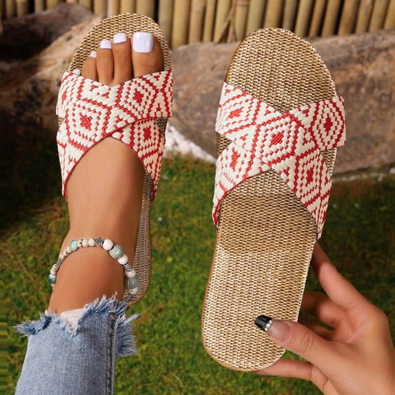 Abcomgle Women's Summer Slippers Bohemian Print Linen Non-Slip Beach Slippers Lightweight Open Toe Comfortable Indoor Sandals & Slides