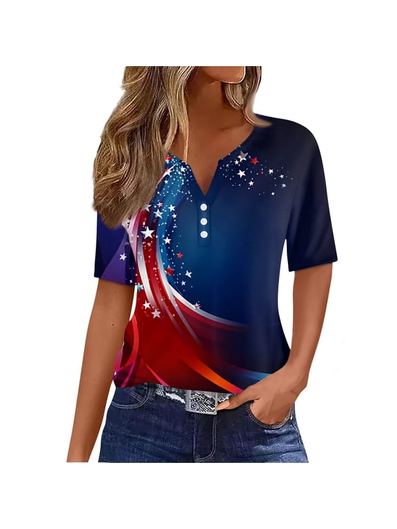 Womens 4th Of July Shirts 2025 American Flag Print Patriotic T Shirt Short Sleeve Button V Neck T-Shirt Dressy Independent Day Tees,Blue XL