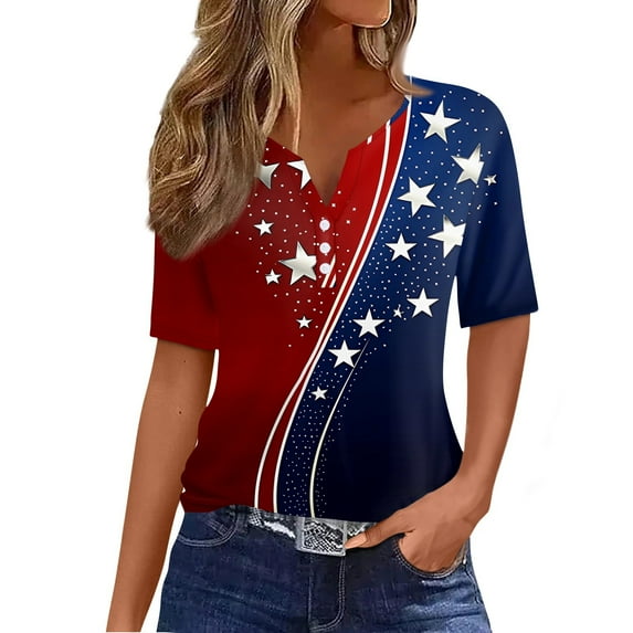 Abcomgle Womens American Flag Shirts Stars and Stripes Print Patriotic Tee Tops 4th Of July T-Shirt Button V Neck Short Sleeve T Shirt Funny Independent Day Tees,Wine L