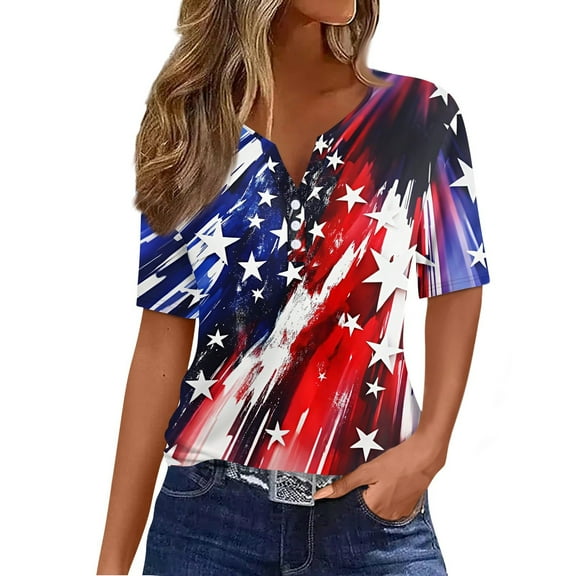 Abcomgle Womens American Flag Shirts Tie Dye Red White and Blue Graphic Patriotic T Shirt 4th Of July Tees Button V Neck Short Sleeve Tshirt Memorial Independent Day Shirts,Vermilion L