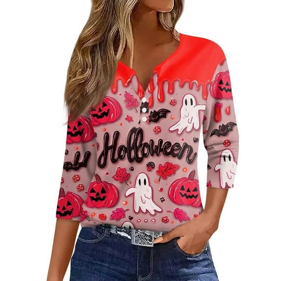 Abcomgle Womens Halloween Shirts Henley V Neck 3/4 Sleeve Tee Top for Women Funny 3D Pumpkin Graphic Tshirts for Women Fall Plus Size Halloween Graphic Tees Women,3XL