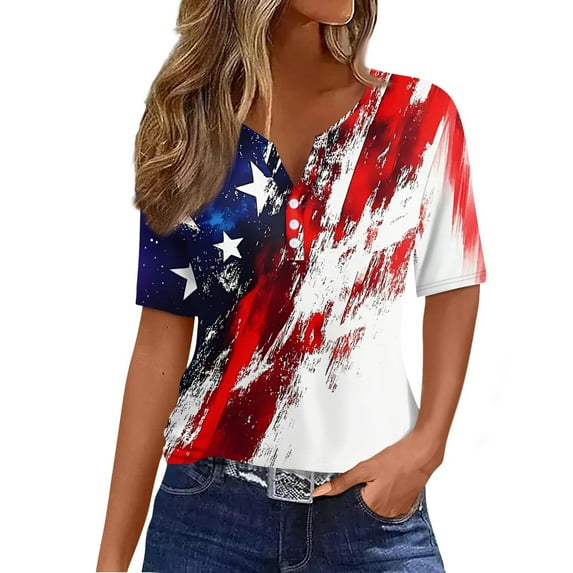 Abcomgle Womens Patriotic Shirts 4th Of July American Flag Graphic Tops Henley V-Neck Short Sleeve Tees Dressy Independent Day Tee Shirts,White M