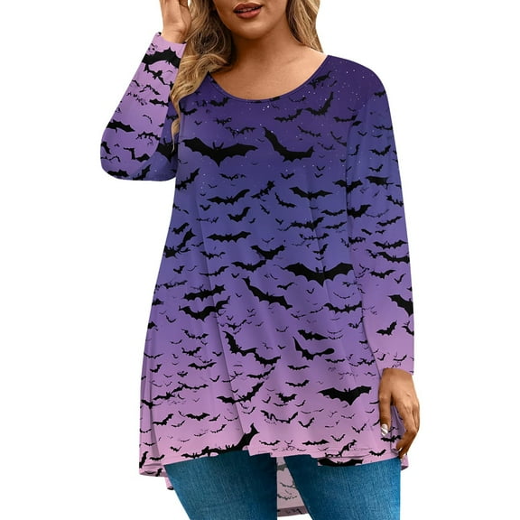 Abcomgle Womens Plus Size Halloween Tops Cute Bat Graphic T Shirts for Women Oversized Crewneck Long Sleeve Tee Shirts for Women Fall Casual Womens T Shirt,L