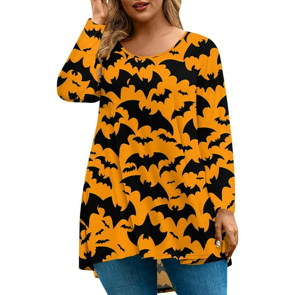 Abcomgle Womens Plus Size Halloween Tops Cute Pumpkin Bat Graphic Shirts for Women Crewneck Long Sleeve Top for Women Holiday Casual Halloween Womens Clothing,L