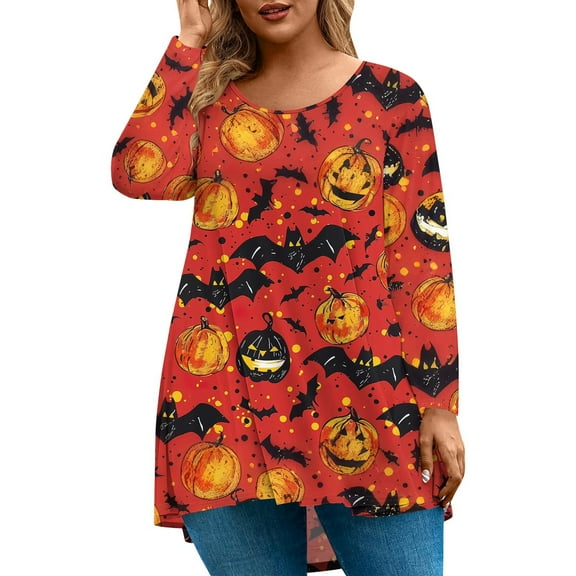 Abcomgle Womens Plus Size Halloween Tops Cute Pumpkin Bat Graphic T Shirts for Women Crewneck Long Sleeve Tunic Top for Women Holiday Loose Fit Womens Tunic Tops,5XL
