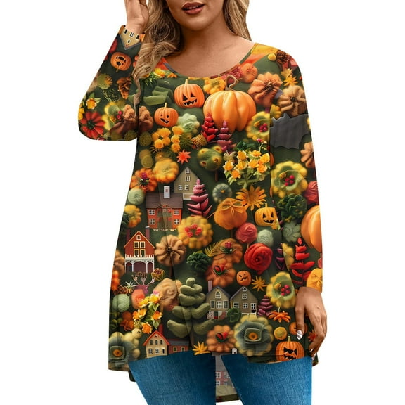 Abcomgle Womens Plus Size Halloween Tops Cute Vintage Pumpkin Graphic Shirts for Women Oversized Crewneck Long Sleeve Tee Top for Women Fall Trendy Womens Tshirt,5XL