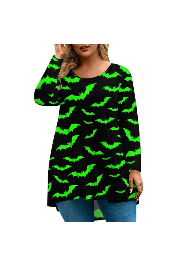 Womens Plus Size Halloween Tops Funny Bat Graphic T Shirts for Women Crewneck Long Sleeve Tee Shirts for Women Holiday Loose Fit Womens Tshirt,4XL