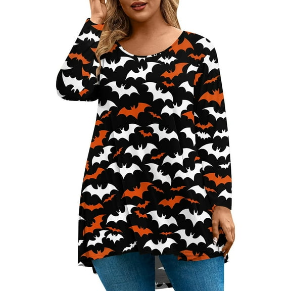 Abcomgle Womens Plus Size Halloween Tops Spooky Bat Graphic T Shirts for Women Oversized Crewneck Long Sleeve Top for Women Fall Casual Womens Tee Tops,3XL