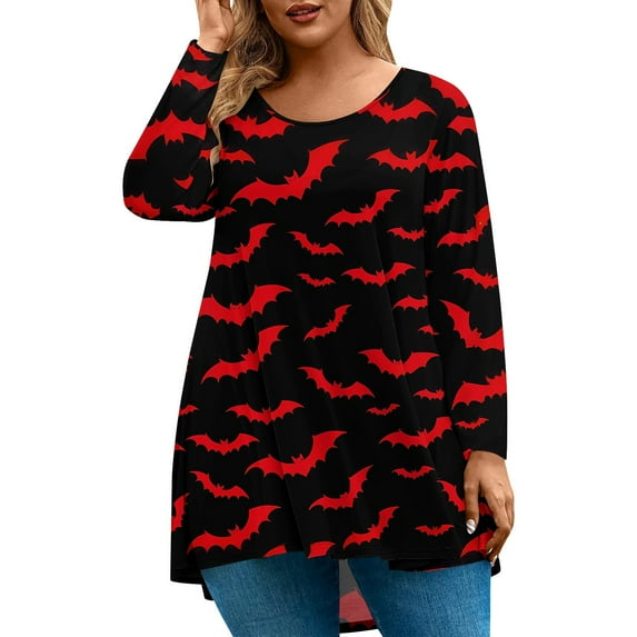 Abcomgle Womens Plus Size Halloween Tops Spooky Bat Graphic T Shirts for Women Crewneck Long Sleeve Top for Women Holiday Trendy Womens Tee Tops,2XL