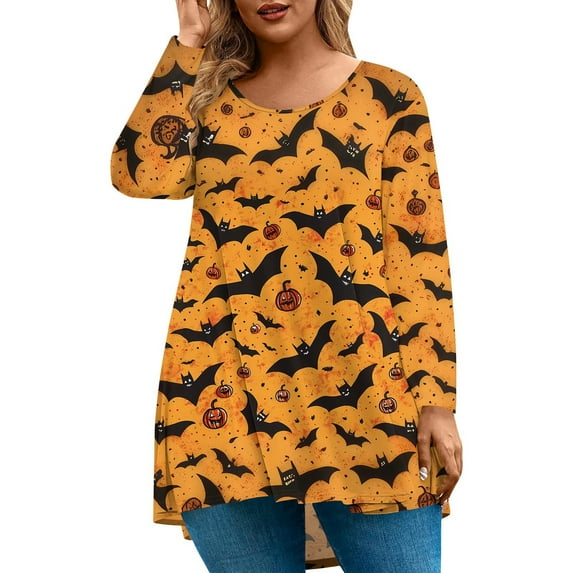 Abcomgle Womens Plus Size Halloween Tops Spooky Pumpkin Bat Graphic T-Shirts for Women Oversized Crewneck Long Sleeve Top for Women Holiday Loose Fit Womens Shirts,L