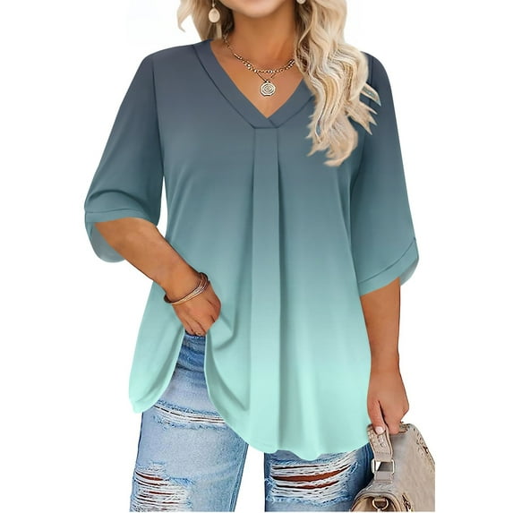 Abcomgle Womens Plus Size Summer Tops 2025 4x-5x V Neck T Shirts Gradient Graphic T-Shirt 3/4 Sleeve Tunic Tops Pleat Hem Casual Tunics Blouses L,Navy