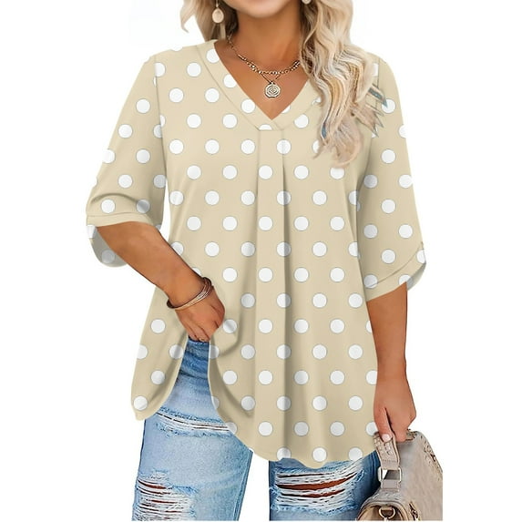 Abcomgle Womens Plus Size Summer Tops Clearance Womens 5x Blouse V Neck 3/4 Sleeve T Shirts Curvy Women Polka Dot Print Pleat Hem Casual Tunics Women Loose Fit Clothes 4XL,Khaki