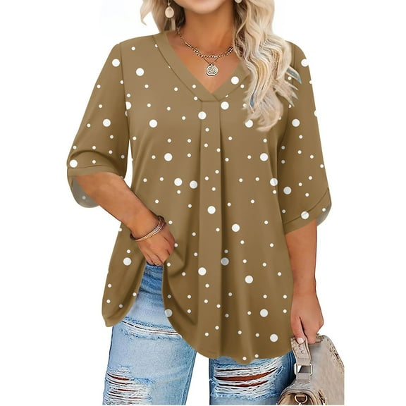 Abcomgle Womens Plus Size Summer Tops Cute Plus Size Sexy Tops V Neck 3/4 Sleeve Tunic Womens Tops Plus Size Polka Dot Print Pleat Hem Casual Tee Shirts Women Loose Fit Clothes 2XL,Light Brown