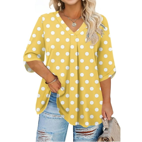 Abcomgle Womens Plus Size Summer Tops Cute Polka Dot Womens Tops V Neck Womens Plus Size Tops 3/4 Sleeve Pleat Hem Casual Tshirt Plus Size Womens Clothes M,Yellow