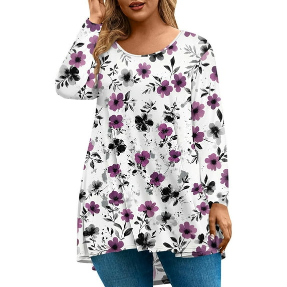 Abcomgle Womens Plus Size Summer Tops Fashion 4x Womens Top Crew Neck Long Sleeve Tees Dressy Casual Vintage Floral Print Graphic Tees Women Curved Hem Clothes,L