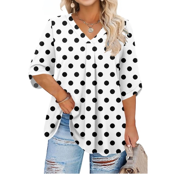 Abcomgle Womens Plus Size Summer Tops Fashion Women Pleat Hem Blouses V Neck 3/4 Sleeve Tees Polka Dot Print Casual Blouses Loose Fit Womens Clothing M,White