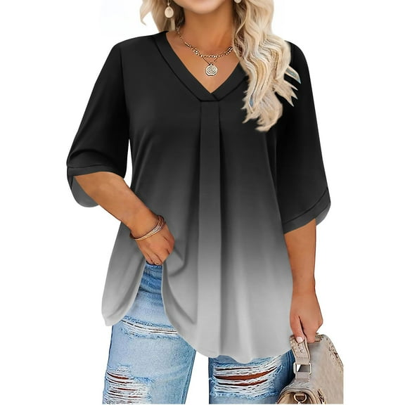Abcomgle Womens Plus Size Tops 3/4 Sleeve Summer Tunics Gradient Graphic T-Shirt V-Neck Tunic Pleat Hem Casual Tunic Tops 4XL,Black