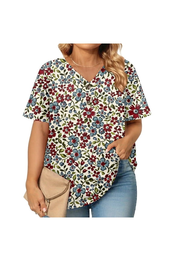 Womens Plus Size Tops Cute Sexy Plus Size Tops Vintage Floral Print V Neck Button Down Womens Tops Short Sleeve Dressy Casual Graphic Tees 4x Womens Plus Size Clothes,Dark Purple 4XL