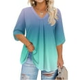 thumbnail image 1 of Abcomgle Womens Plus Size Tops Cute Womens 5x Blouse V Neck 3/4 Sleeve Tees Pleat Hem Casual Gradient Graphic Tees 4x Womens Plus Size Clothes 3XL,Turquoise, 1 of 5
