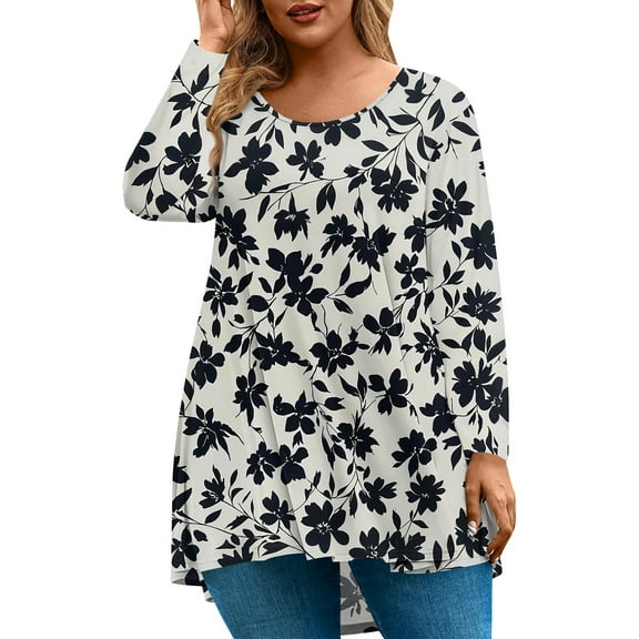 Abcomgle Womens Plus Size Tops Long Sleeve Summer Tees Vintage Floral Print Graphic T-Shirt Round Neck Tunic Dressy Casual Tunic Tops,5XL
