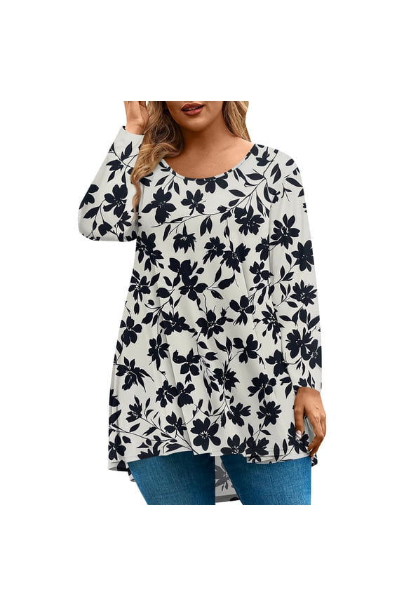 Womens Plus Size Tops Long Sleeve Tunics Vintage Floral Print Graphic T-Shirt Crew Neck Shirt Summer Casual Tunic Tops,L