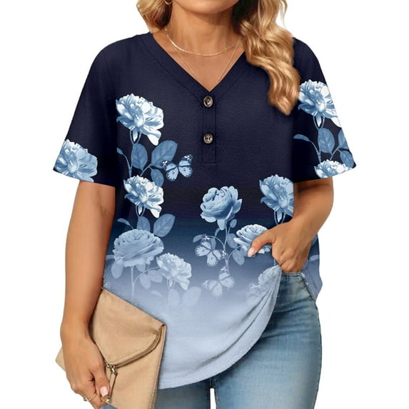 Abcomgle Womens Plus Size Tops Loose Fit Summer Cute Tunics Short Sleeve V Neck Button Down Vintage Floral Print Blouses 4x-5x Casual Tunic Tops,Royal Blue 2XL