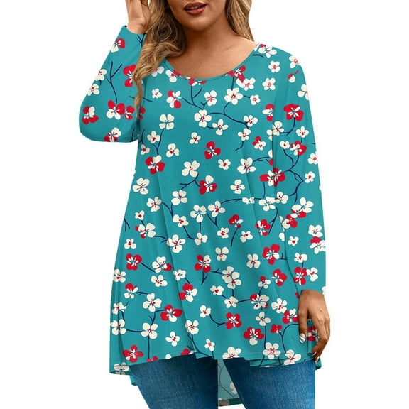 Abcomgle Womens Tops Plus Size 4x-5x Sexy Crew Neck Tshirts Vintage Floral Print Graphic T-Shirt Long Sleeve Blouses Dressy Casual Trendy Tunics,L
