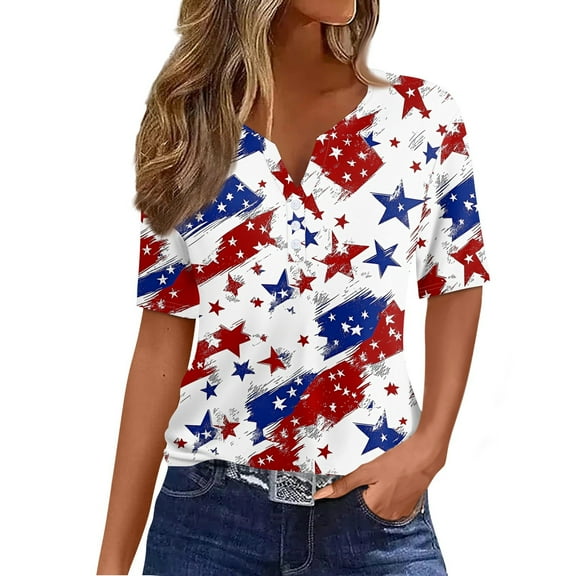 Abcomgle Womens Tshirts 4th Of July Patriotic Shirts Short Sleeve Button V Neck T Shirt American Flag Print Independent Day Tees,Red L