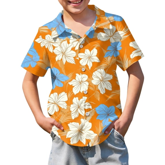 Abcomgle Youth Hawaiian Shirts Boys Button Down Short Sleeve Funny Hawaiian Shirt Cartoon Floral Print Vacation Boys Floral Shirt,Saffron,7-8Years