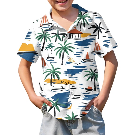 Abcomgle Youth Hawaiian Shirts Boys Cartoon Palm Tree Print Beach Shirts for Boys Button Down Short Sleeve Vacation Hawaii Shirts,Royal Blue,7-8Years