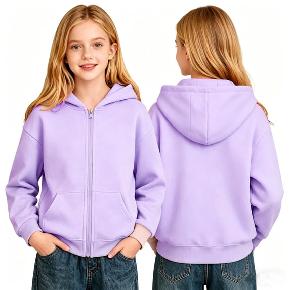 Abcomgle Zip Up Hoodies for Girls Kids Fleece Full-Zip School Jacket for Girls Cute Solid Teen Girls Sweatshirt Casual Fall Hooded Hoodies for Girls with Pockets