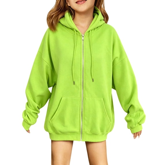 Abcomgle Zip Up Hoodies for Girls Kids Oversized Full-Zip Jackets for Teen Girls Cute Solid Sweatshirt for Teen Girls Fashion Winter Hooded Hoodies for Girls with Pockets