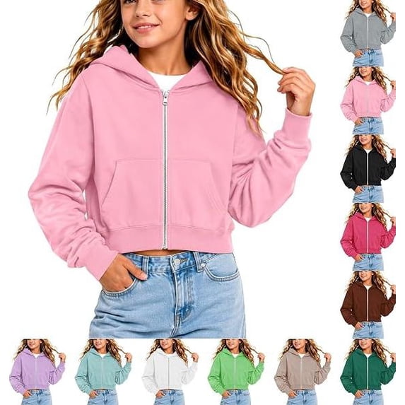 Abcomgle Zip Up Hoodies for Teen Girls Cropped Long Sleeve Jacket for Girls Cute Lightweight Hooded Girls Zip Up Sweater with Pockets